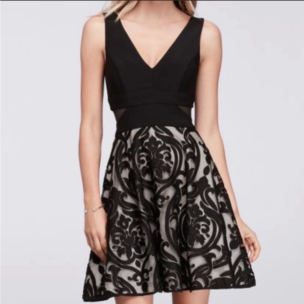 ⬇️Solid Black & Floral Cocktail Dress with Illusion deep-V Side Detail